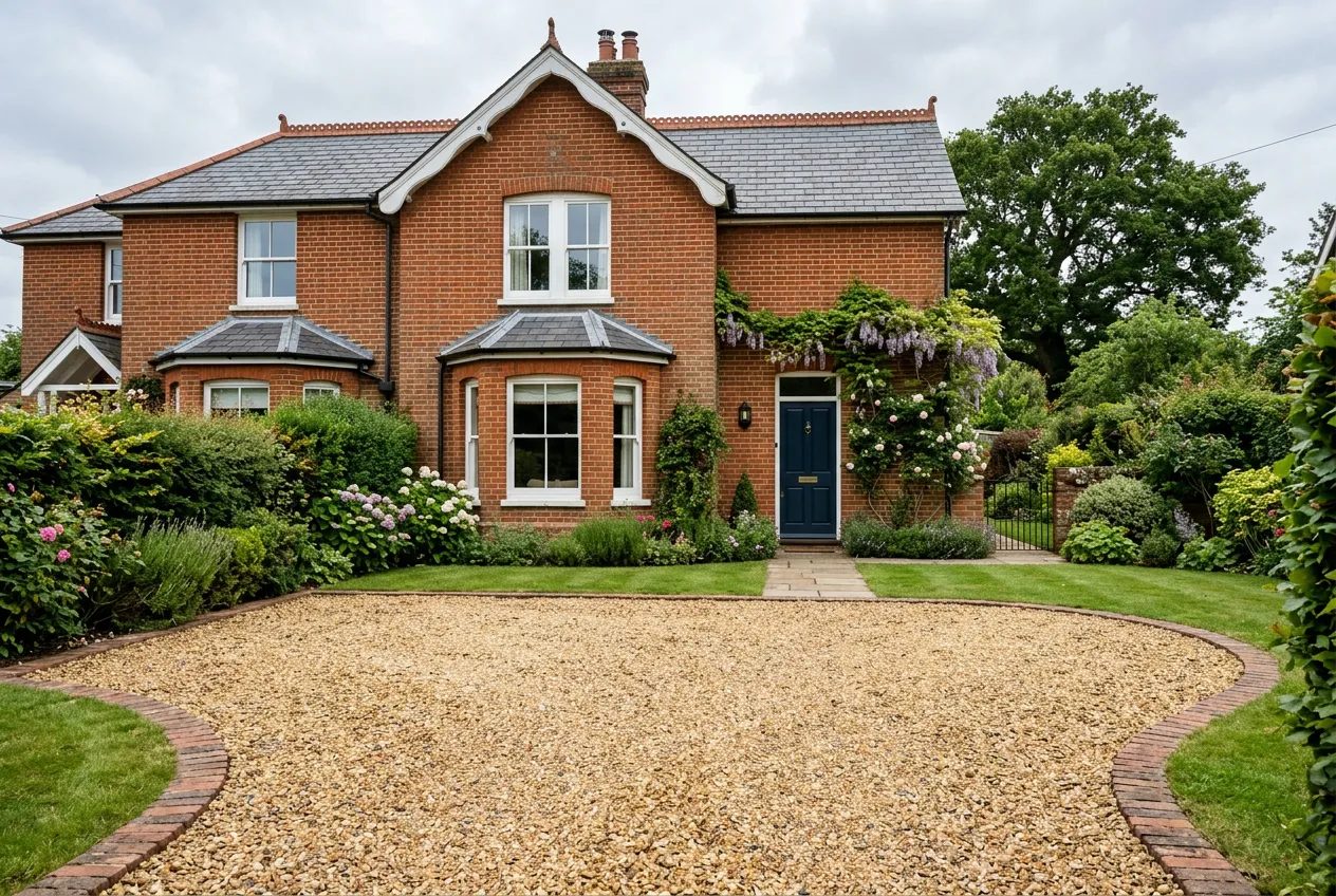 Golden flint gravel driveway with brick edging before a Victorian red-brick cottage
