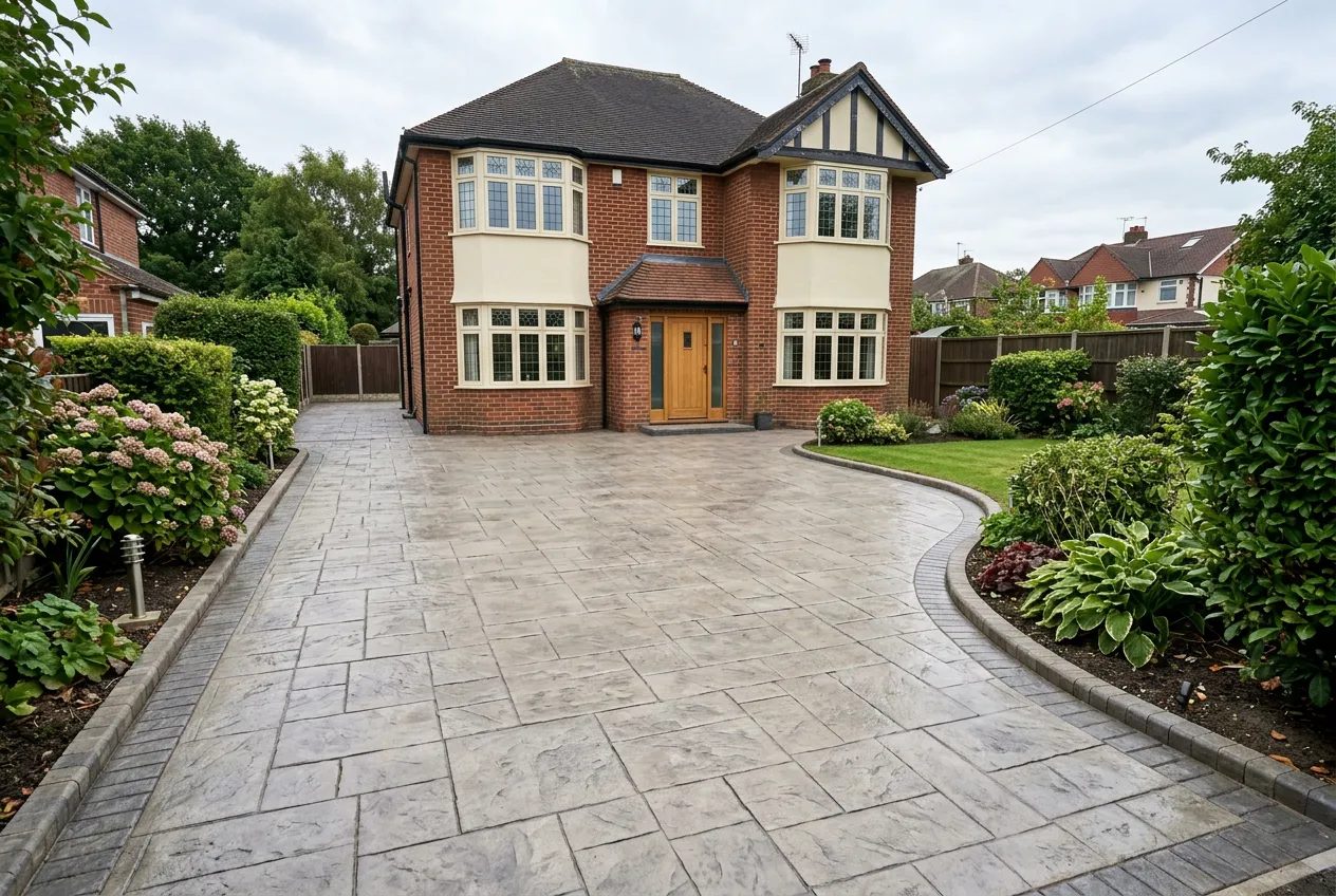 Grey-buff ashlar slate imprinted concrete driveway before a 1930s detached house
