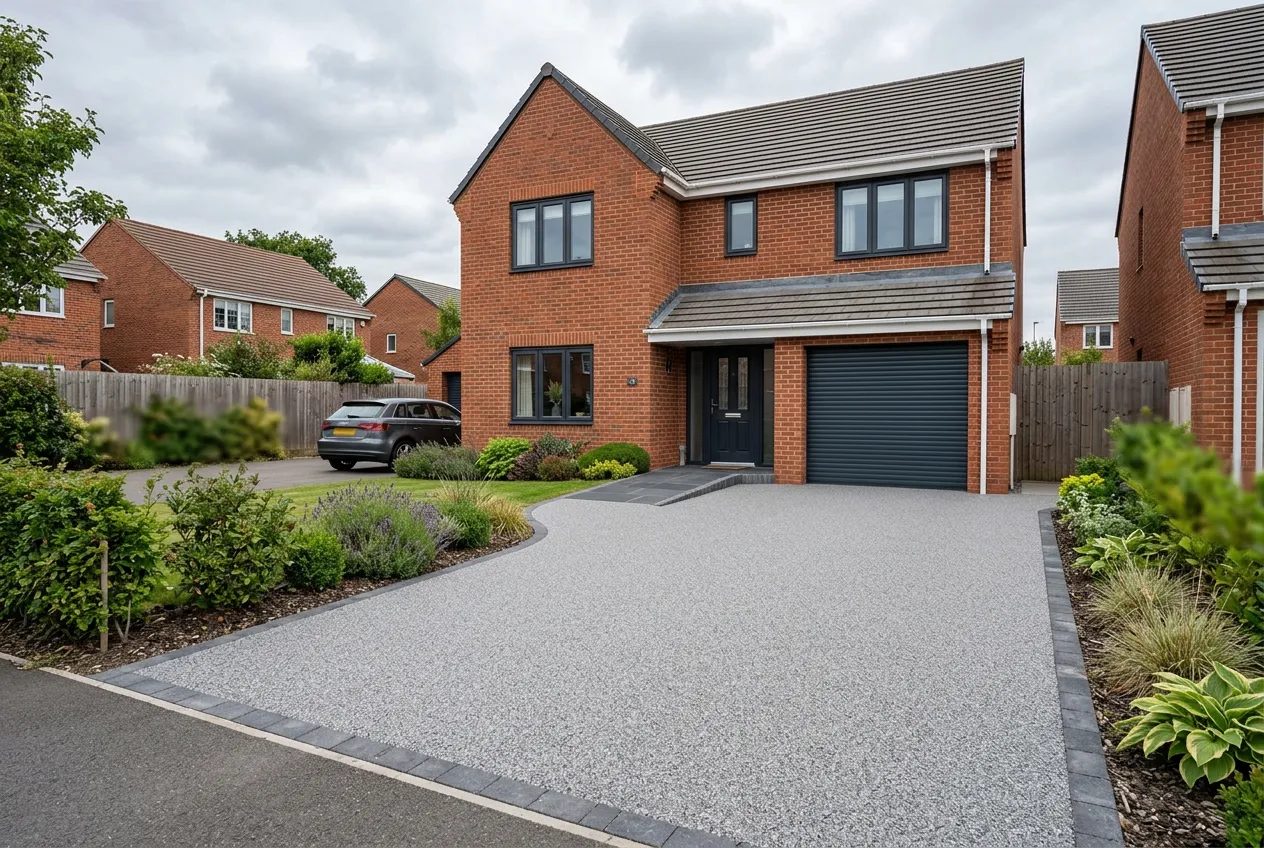 Silver-grey resin bound driveway before a modern red-brick house