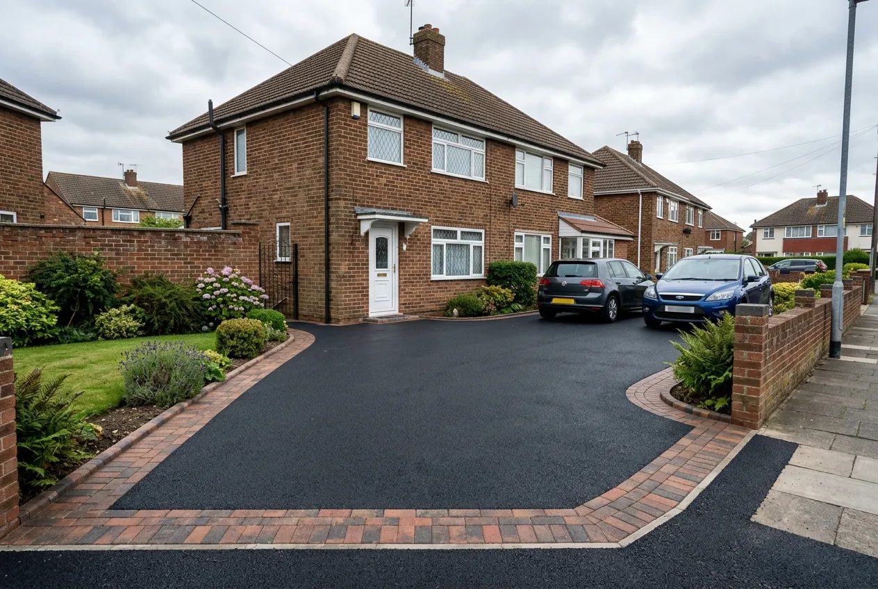 Fresh black tarmac driveway with brindle block paving edging before a post-war semi